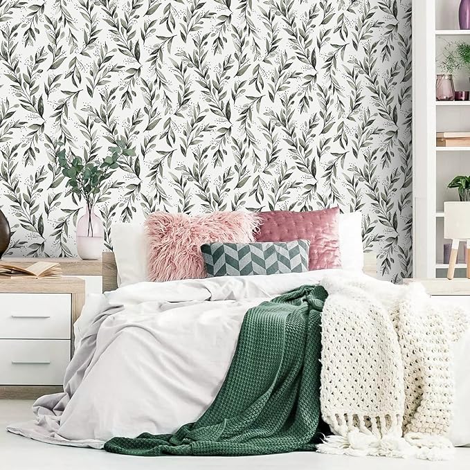 Livebor Green Leaf Peel and Stick Wallpaper Olive Leaf Contact Paper 17.7inch x 393.7inch Sage Green Wallpaper Peel and Stick Eucalyptus Farmhouse Wall Paper Neutral Self Adhesive Decorative Vinyl | Olive Leaf Peel and Stick Wallpaper Eucalyptus Farmho... - Image 2