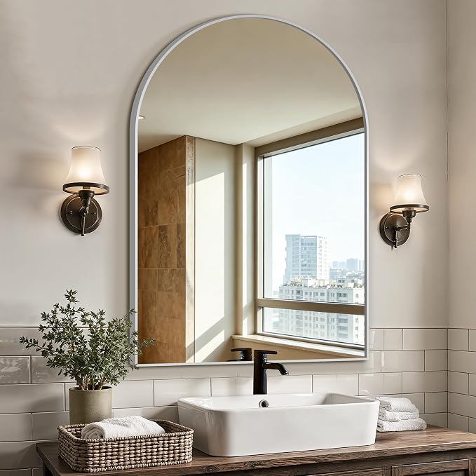 Arched Bathroom Vanity Mirror for Over Sink, 38”x26”, Silver by LawadaMirror
