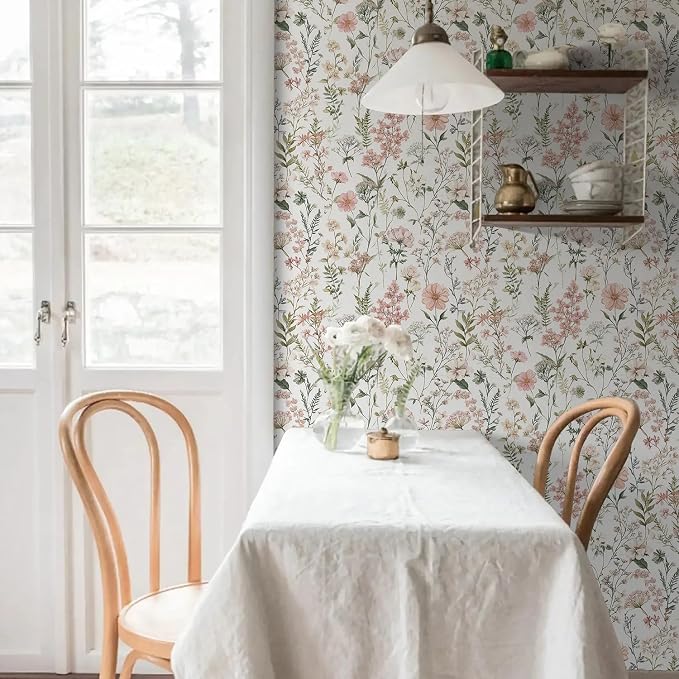 Orainege Pink Floral Peel and Stick Wallpaper Self Adhesive Wallpaper | 16.9inx196.8in Modern Wall Paper for Bedroom Bathroom Green Leaf Contact Paper for Cabinets Removable - Image 6