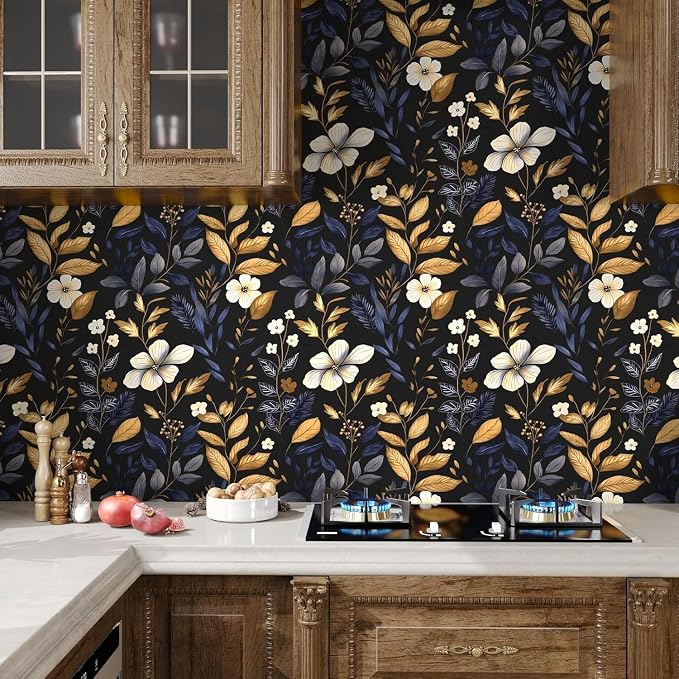 Laatse Vintage Dark Blue Gold Floral Peel and Stick Wallpaper 17.5"x787" | Self Adhesive/Removable/Waterproof/Thick Vinyl Extra Long Contact Paper for Bathroom Bedroom Shelf Cabinet Drawer,Prepasted - Image 5