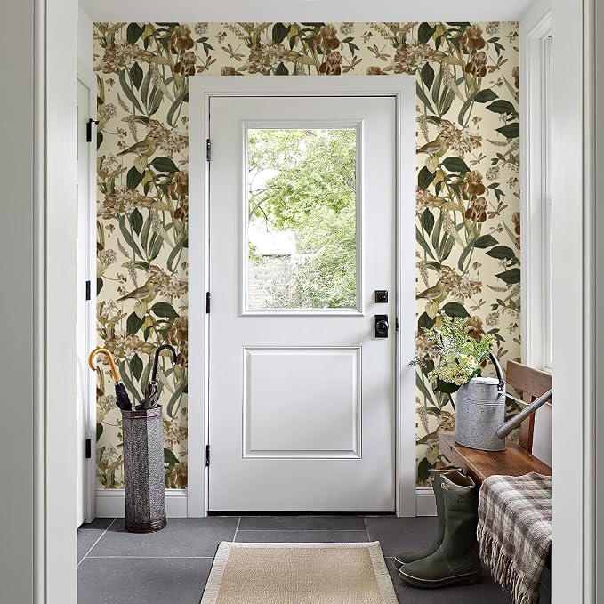 Beige Floral Bird Peel and Stick Wallpaper for Cabinet 17in x 197in | Flower Contact Paper Vintage Floral Wallpaper Boho Self Adhesive Waterproof Wall Paper Botanical Removable Decorative Vinyl - Image 6