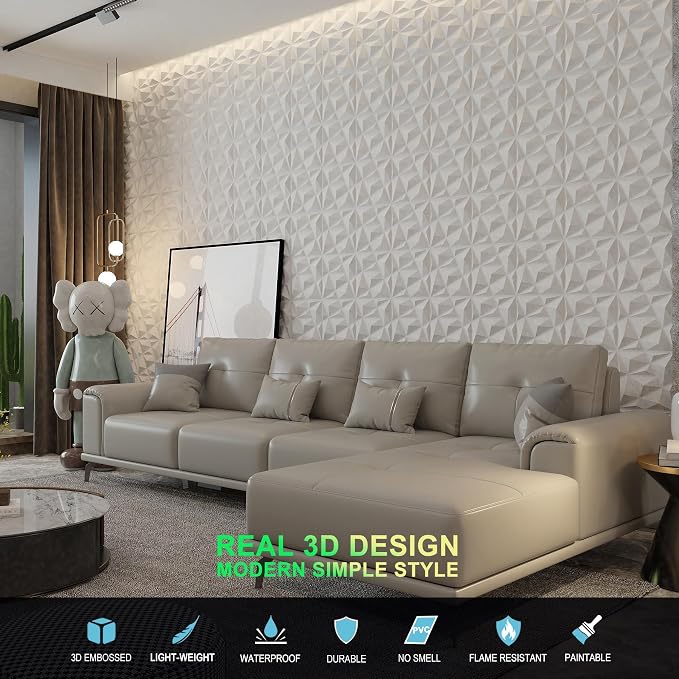 MIX3D 33 Pack 3D Wall Panels, Modern Diamond Textured Design for Interior Wall Decor in Living Room Bedroom Game Room Office Hotel, White, 12'' x 12'' Cover 32 Sq. Ft - Image 5