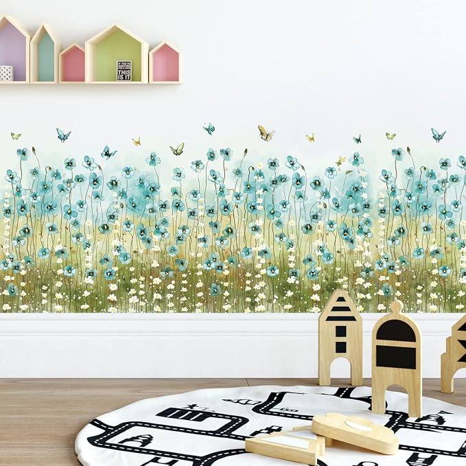 LiveGallery Blue Flowers Wall Decals White Daisy Wall Stickers DIY Peel and Stick Butterfly Plants Wall Sticker for Baby Kids Girls Bedroom Nursery Living Room Office Corners Skirting Lines - Image 6