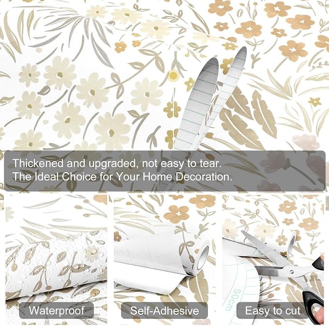 SOON AFTER Khaki Boho Neutral Floral Peel and Stick Wallpaper, 17.3" x 472" Removable & Waterproof Vinyl Wallpaper, Flower Self-Adhesive Contact Paper for Nursery Bedroom Cabinets - Image 3