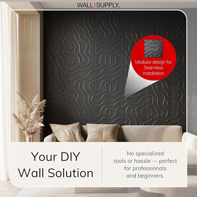 Wall!Supply 3D Flow Line Wall Panels, 12-Pack, Black | Lightweight XPS Foam, Wallpaper Alternative, Easy DIY Installation, Covers 32.29 Sq Ft, for Living Room, Bedroom, Office - Image 2