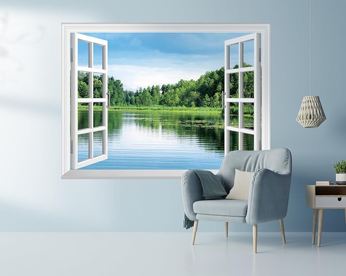 FLFK Fake Window Wall Sticker, Lake Forest Nature View Peel and Stick Mural, White Frame, Self-Adhesive Removable Decal, 80 x 60 Inches, Easy Peel and Stick, for Home, Office, Bedroom Decor - Image 3