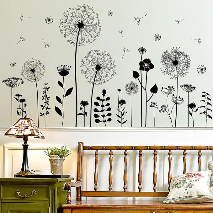 Black Dandelion Wall Decals Peel and Stick - Large Floral Wall Art Stickers with Flying Flowers, Boho Vintage Removable Vinyl Decor for Bedroom Living Room Nursery Bathroom - Image 5