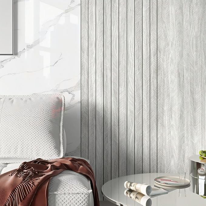 Chejiaye Peel and Stick 3D Wall Panel -23.6"x118"Soundproof Self-Adhesive Wall Sticker, Removable Thick PVC Slat Contact Paper for Kitchen Bedroom,Ceiling Wall Decoration Wood Grain (Light Grey) - Image 3