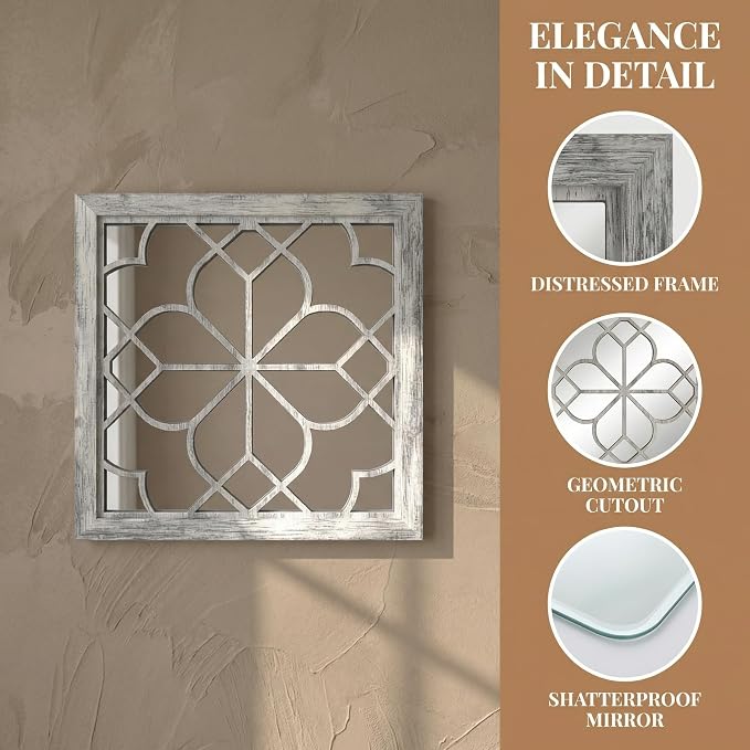 Set of 2 18 Inch Large Square Grey Window Pane Wall Mirrors, Shatterproof Rustic Farmhouse Boho Vintage Accent Mirrors for Living Room, Bedroom, Bathroom, Entryway & Home Decor - Image 4