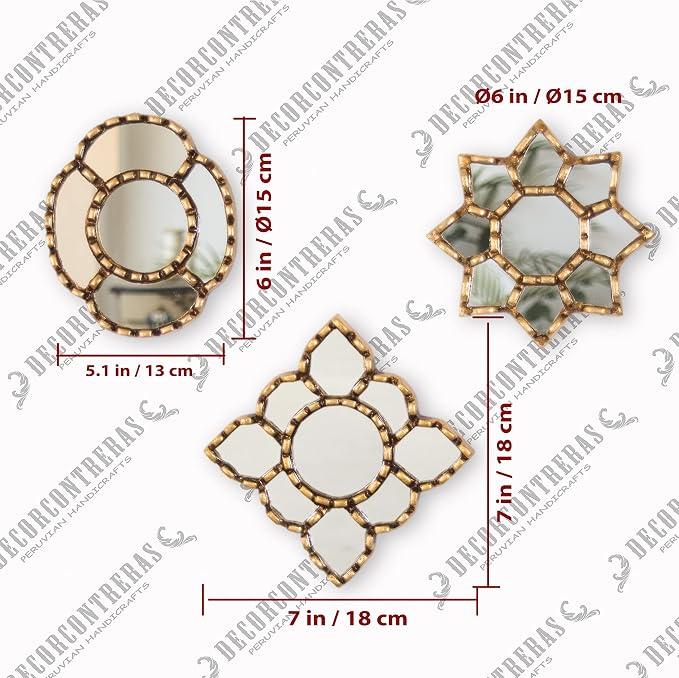 Peruvian Wall Mirrors Set 3pc Gilded Bronze Leaf Home Decor - Image 8