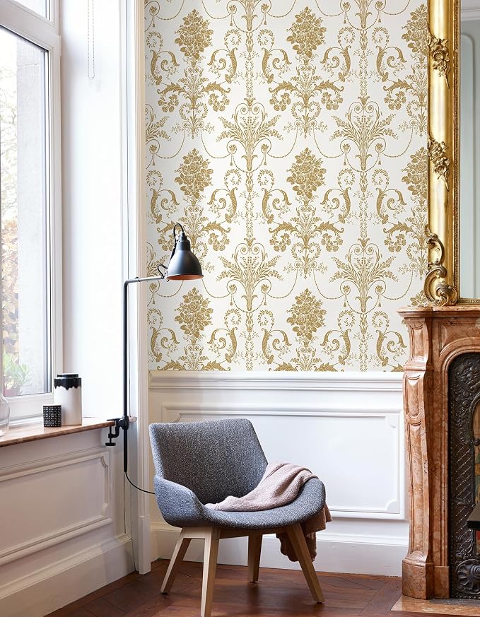 Damask Floral Peel and Stick Wallpaper Removable Gold Flowers Contact Paper | 17.3" X 197" Gold and White Damascus Wallpaper Boho Self Adhesive Decorative Wallpaper for Bedroom Accent Wall DIY Vinyl Roll - Image 5