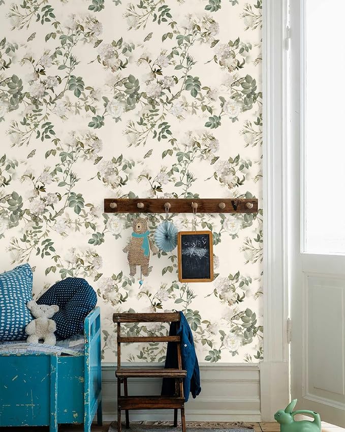 Wudnaye Green Floral Peel and Stick Wallpaper Vintage Flower 16.9"×393" | Botanical Peel and Stick Wallpaper Green Beige Rose Self Adhesive Removable Contact Paper Waterproof for Kitchen Bathroom - Image 7