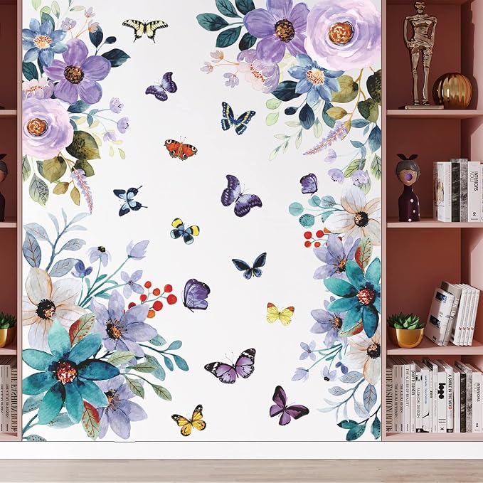 LiveGalleryWatercolor Blue Purple Flowers Wall Stickers Color Painting Rose Wall Decals DIY Vinyl Peel and Stick Butterflies Flora Mural for Girls Bedroom Living Room TV Sofa Backdrop Home Decoration - Image 5