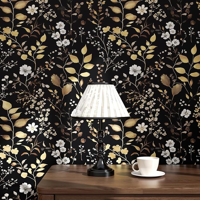 Laatse Vintage Dark Floral Gold Leaf Peel and Stick Wallpaper 17.5"x787" | Self Adhesive/Removable/Waterproof/Thick Vinyl Extra Long Contact Paper for Bathroom Bedroom Shelf Cabinet Drawer,Prepasted - Image 7