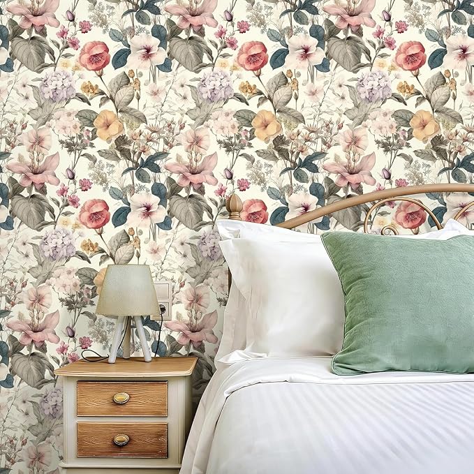 Jeweluck Vintage Floral Wallpaper Peel and Stick Wallpaper 16.9”x590.5” | Flower Contact Paper Poppy Floral Wall Paper Boho Removable Self Adhesive Wallpaper for Bedroom Drawer Liner Decorative Vinyl - Image 2