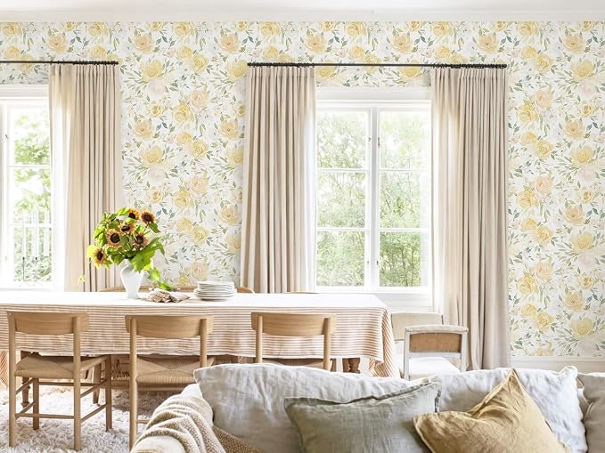 Heroad Yellow Peel and Stick Wallpaper Floral Contact Paper 17.3''x196'' Large Flower Wallpaper Watercolor Removable Self-Adhesive Wall Paper for Cabinets Bedroom Bathroom Waterproof Stick on Walls - Image 7