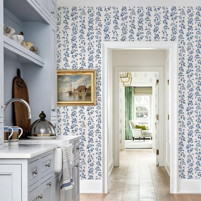 Ismoon Blue Wallpaper Peel and Stick Vintage Wallpaper 17.3in x 32.8ft Blue Leaf Contact Paper Vintage Cottage Wall Paper for Bedroom Bathroom Kitchen Nursery Removable Vinyl - Image 4