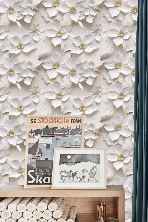 Peel and Stick Wallpaper Cream White Floral Small - Image 3