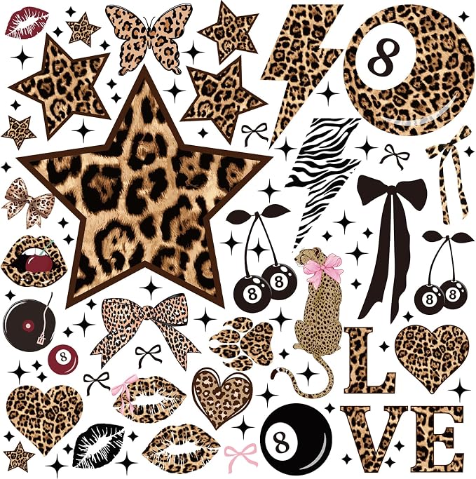 Wxiben 200 Pcs Cheetah Print Wall Decals Leopard Print Walls Stickers Decor | Cheetah Walls Decor for Room, Y2K Bow Star 8 Ball, Peel and Stick Wall Decals for Home Bedroom Living Room Apartment Dorm by Wxiben