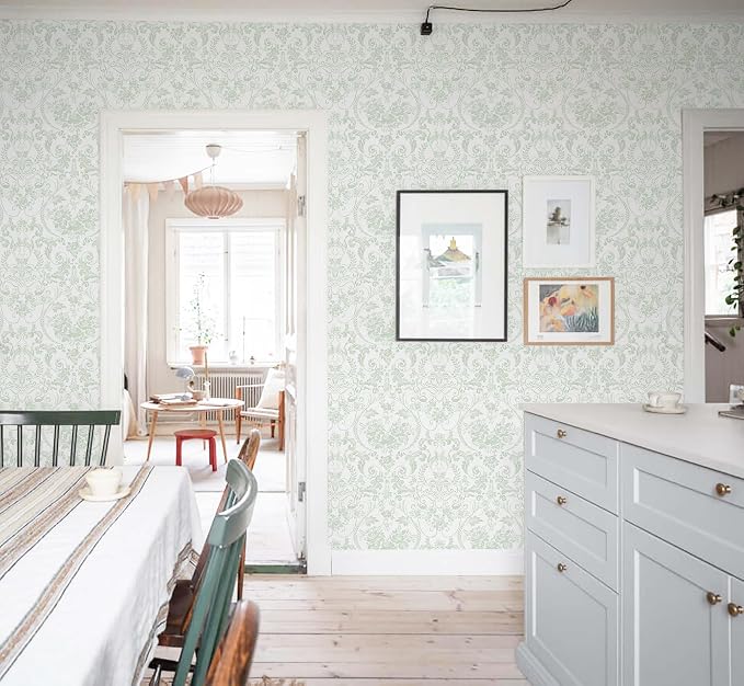 Peel and Stick Wallpaper for Bedroom Sage Green Damask Self-Adhesive | 78.7"×17.3" White & Sage Green Vintage Scroll Removable Waterproof Vinyl Wall Decor for Bathroom, Nursery - Image 5