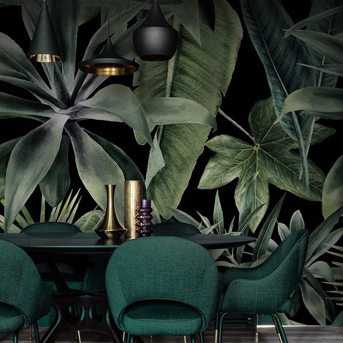 Jungle Green Peel and Stick Wall Mural for Bedroom | 92"x125", Large Dark Green Tropical Wallpaper, Removable Leather Textured & Water-Resistant, Hallway Old Wall Makeover by Flortlias