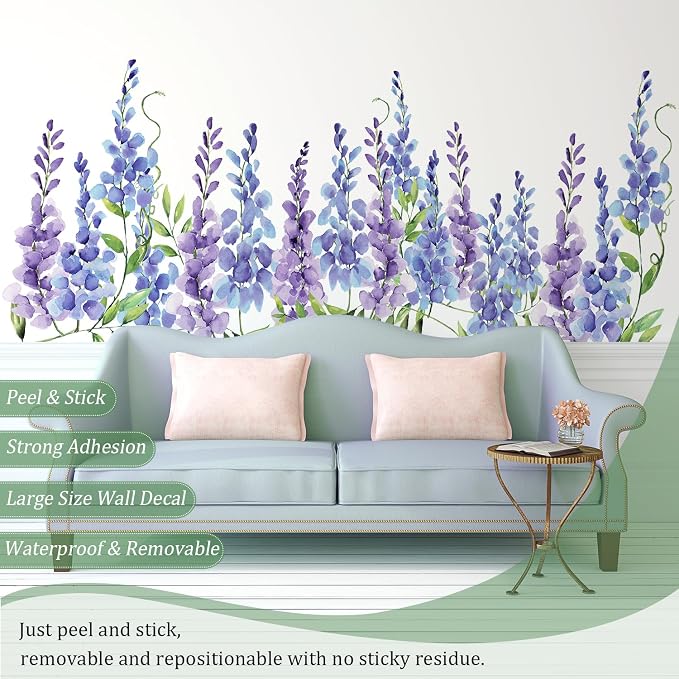 Purple Flowers Wall Decals Peel and Stick, Large Wisteria Floral Vinyl Wall Stickers, Removable Vine Home Decor Art for Bedroom Living Room Classroom Office - Image 2
