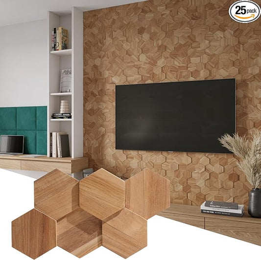 Wall!Supply 3D Wall Panels – Reclaimed Hexagon Asian Teak Wood in Natural – Home Decor Wallpaper Alternative for Living Room, Bedroom & Office – Easy DIY Installation – 25 Pack, Covers 10.5 Sq Ft | Real Reclaimed Asian Teak, Wallpaper Alternative, Easy... by WallSupply