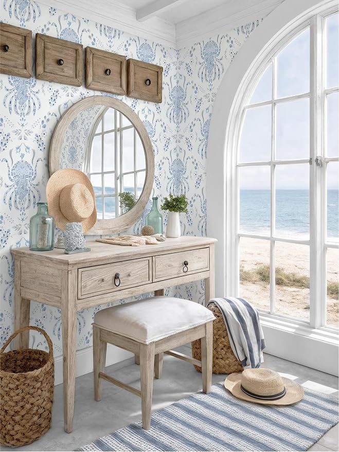 Dimoon Blue Peel and Stick Wallpaper Coastal Contact Paper Bathroom Ocean Beach Wallpaper Boho Jellyfish Renter Friendly Nautical Waterproof for Nursery Kitchen Bedroom Vinyl 17.3''x197'' - Image 5