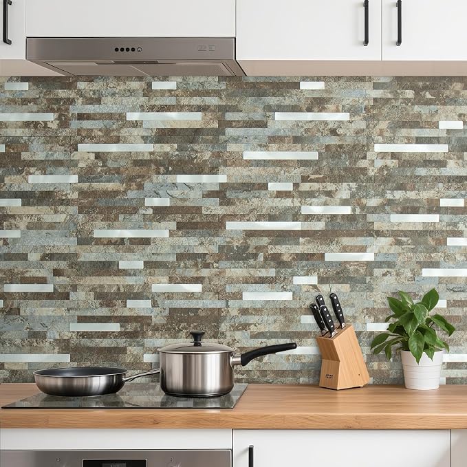 AULIGET 2 Sheets Beige & Brown Slate Peel and Stick Backsplash, PVC Mixed Metal Silver Wall Tile Stick on Backsplash for Kitchen and Bathroom - Image 2