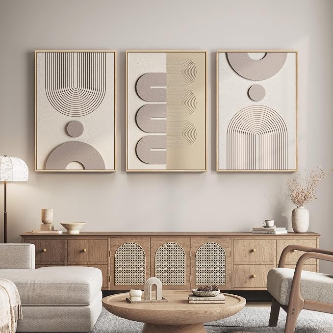 3D Large Framed Boho Neutral Abstract Wall Art for Living Room, 3 Piece | Solid Wood Frame, Textured Paintings, Beige Geometric Sculptural Artwork, 24x36 In Pictures Wall Decor Bedroom Office - Image 3