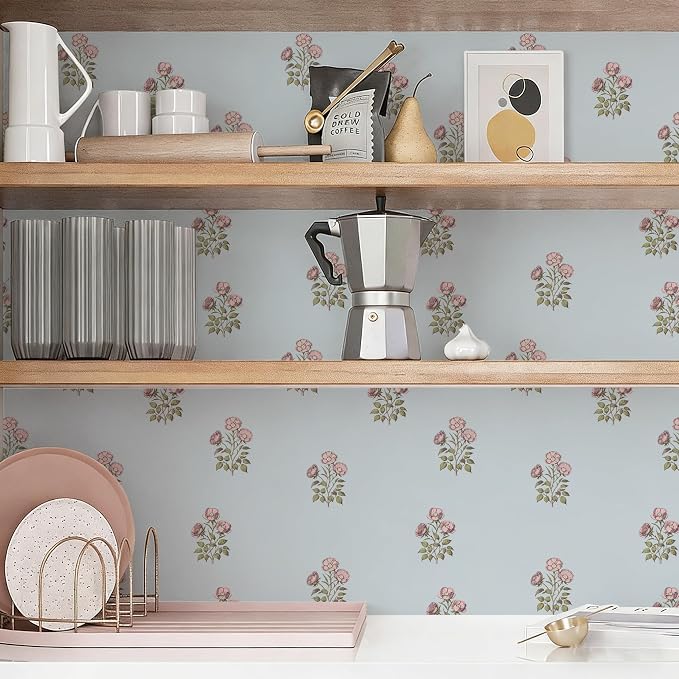 17.3"× 590.5" Vintage Blue Floral Wallpaper Peel and Stick Boho Wallpaper Removable Waterproof Rose Pattern Contact Paper for Bedroom, Bathroom, Home Wall - Image 5