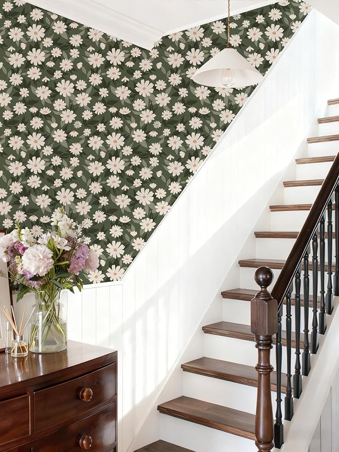Floral Wallpaper Peel and Stick, Green Daisy Flower Removable Self Adhesive Wallpaper for Bedroom Bathroom Cabinet, 17.3‘’×78.7‘’ - Image 4