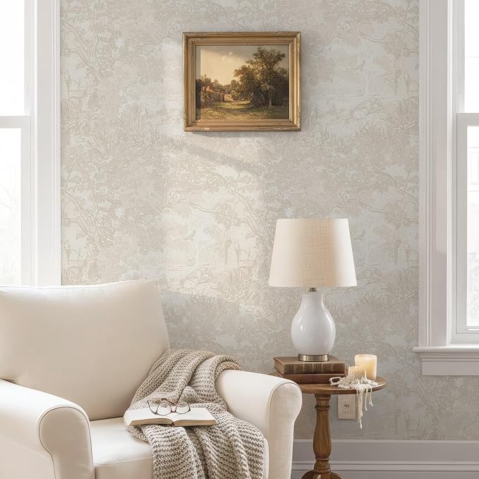 Ismoon Vintage Wallpaper Peel and Stick Beige Neutral Wallpaper 17.3in x16.4ft Forest Animals Contact Paper for Bedroom Thicken Waterproof Self-Adhesive Wall Paper Removable Renter Friendly Vinyl - Image 3