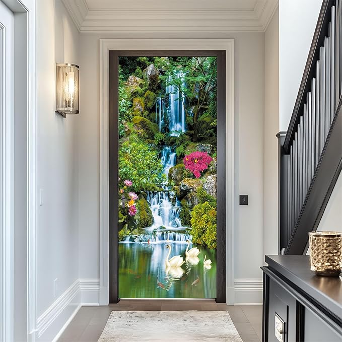 artfanke 3D Peel and Stick Door Sticker 30.3"x78.7"- Self-Adhesive Door Wallpaper Murals Decal-Waterfall Swan Wall Poster for Home Decor (2 Sheets/Set) - Image 4