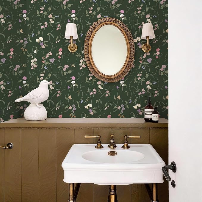 Vintage Wallpaper Peel and Stick Dark Green Floral Wallpaper Leaf Contact Paper Vinyl Waterproof Self Adhesive Boho Botanical Wall Paper for Bedroom Shlef Cabinet Decor 17.3" x 78.7" - Image 8