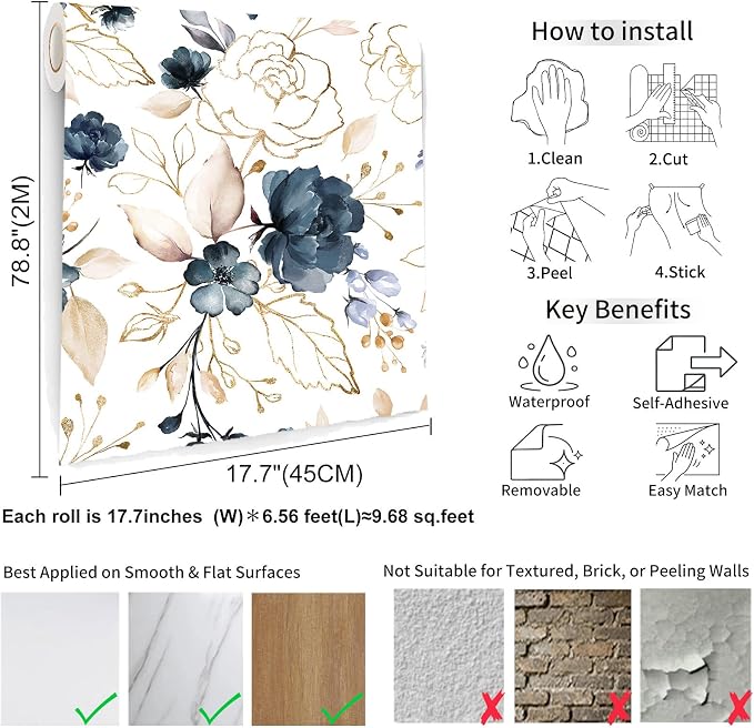 Navy Blue Floral Peel and Stick Wallpaper 17.7"x78.8" | Removable thick vinyl, watercolor botanical design, laundry room, bedroom, bathroom, renter friendly accent walls - Image 5