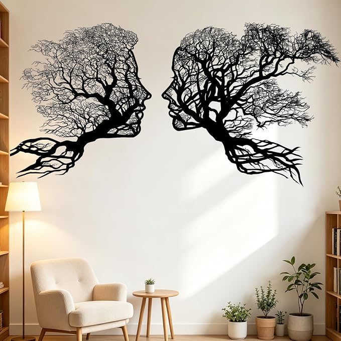 Black Silhouette Face Tree of Life Couple Boho Wall Decals Decor Stickers | Man woman human face peel and stick removable vinyl abstract wall art mural decoration for bedroom living room office - Image 6