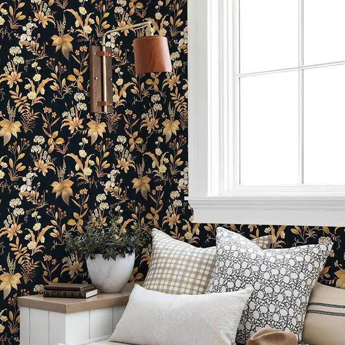 Simon&Siff Vintage Floral Peel and Stick Wallpaper 17.3" x 480" | Black Gold Botanical Contact Paper, Removable Wall Paper, Renter Friendly, for Cabinets, Furniture, DIY Decor - Image 2