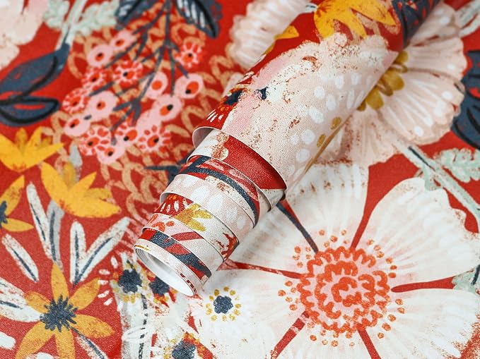 HAOKHOME Red Floral Peel and Stick Wallpaper Bathroom Vintage Contact Paper | Retro Textured Wall Paper Botanical Renter Friendly Removable Orange Flowers Bedroom Accent Decor Wall Mural 17.3in x 9.8ft - Image 9