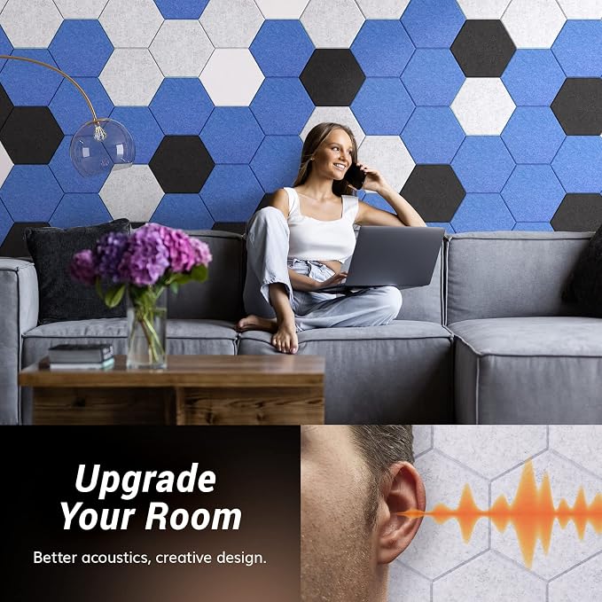 18 Pack Hexagon Acoustic Panels, TONOR 12"x 10"x 0.4" High Density Sound Proof Panels for Walls, Sound Dampening Insulation Treatment Wall Panels, Sound Absorbing Padding for Studio, Office, Home Grey - Image 4