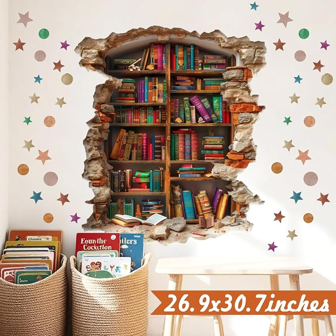 Vintage Read Book Wall Stickers 3D Broken Wall Library Decal Peel and Stick | Reading room art murals, read sign, removable vinyl wallpaper, bookshelf bookcase decoration, for school classroom home decor - Image 7
