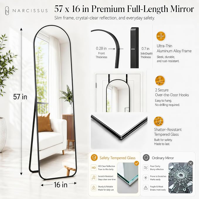 NARCISSUS Full Length Mirror 57x16 Inch, Over The Door Mirror with Stand, Wall Mounted or Freestanding/Door Hanging Full Body, Aluminum Alloy Frame, Black - Image 2