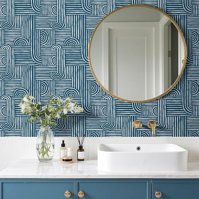Livelynine Blue Peel and Stick Wallpaper Geometric Modern Abstract Dark Blue and White Vinyl Removable Navy Accent Wallpaper Mid Century Geometric Contact Paper for Drawers Cabinet Bathroom 17.5x78.8 - Image 3