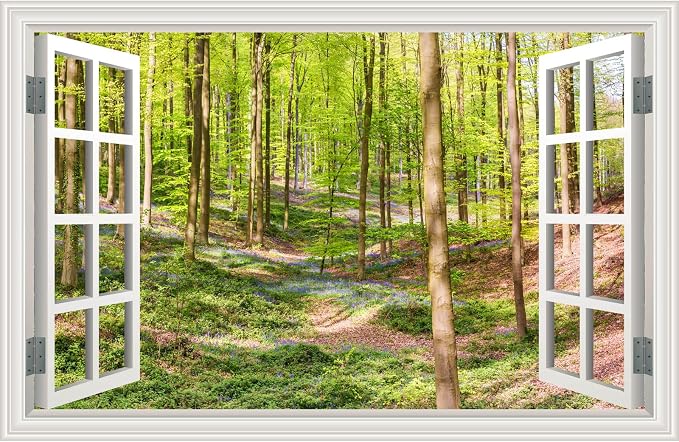 Fake Window Wall Decal- Spring Green Forest Tree Open Wall Art Sticker | Faux Window Grassy Hills & Wildflowers Natural Landscape Mural｜Stick and Peel Wall Decals｜for Room Office Scene Decor｜24"x16" by Clickhere