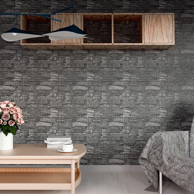 Faux Brick Wall Panels, 10 PCS, Black and Grey | 3D Wall Panels Peel and Stick, XPE Foam 3D Wallpaper, Self-Adhesive Faux Stone Wall Panels for Bedroom, Stairs, Kitchen - Image 9