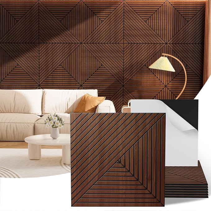 Acoustic Wall Panels, 6 Piece 23.62"X 23.62" PVC Peel and Stick Wall Panels | High-Density Polyester Fiber Self Adhesive Soundproofing for Interior Wall Décor, Recording Studios, Walnut by Vellorise