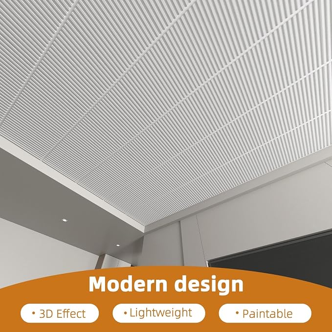 WOWSTAR 24-Pack 24"x24" Drop Ceiling Tiles, Waterproof Glue up PVC Ceiling Panels, Modern Style 3D Slat Wall Panels, White - Image 2