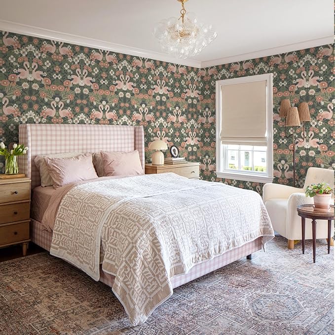 Heroad Vintage Peel and Stick Wallpaper Floral Flamingo Contact Paper Sage Green William Morris Wall Paper Removable Renter Friendly Wallpaper for Bedroom Nursery Farmhouse Vinyl Rolls 17.3''X 196'' - Image 6