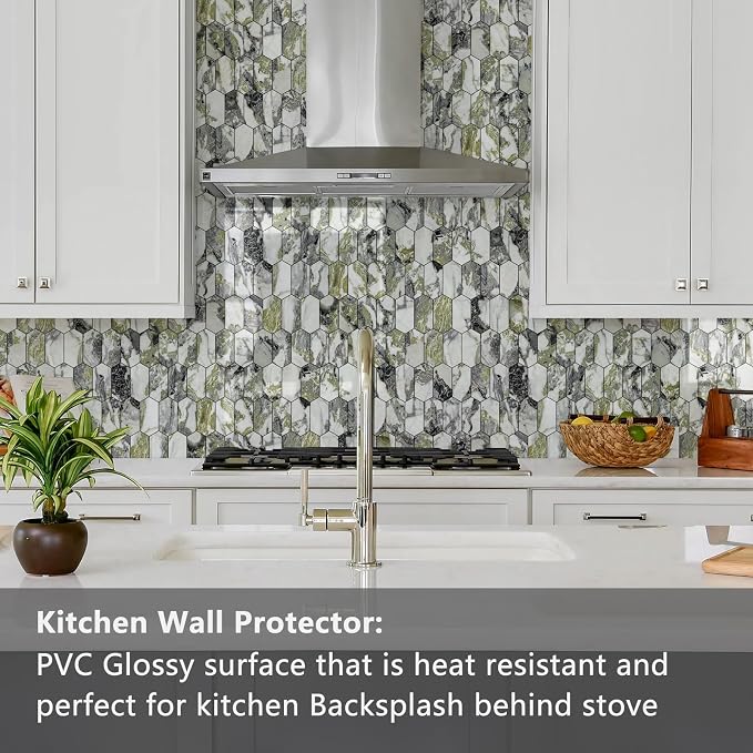 Vamos Tile Long Hexagon Peel and Stick Backsplash Tile - 10 Sheets Stick on Backsplash for Kitchen and Bathroom 12.4 x 12 Inch Glossy Ice Green PVC Self Adhesive Mosaic Wall Tiles - Image 4