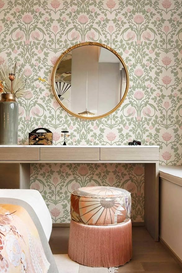 YXTII Floral Wallpaper Peel and Stick - 393.7" × 17.3" Pink and Green Wallpaper for Bedroom Decorative Self Adhesive Shelf Drawer Liner - Image 8